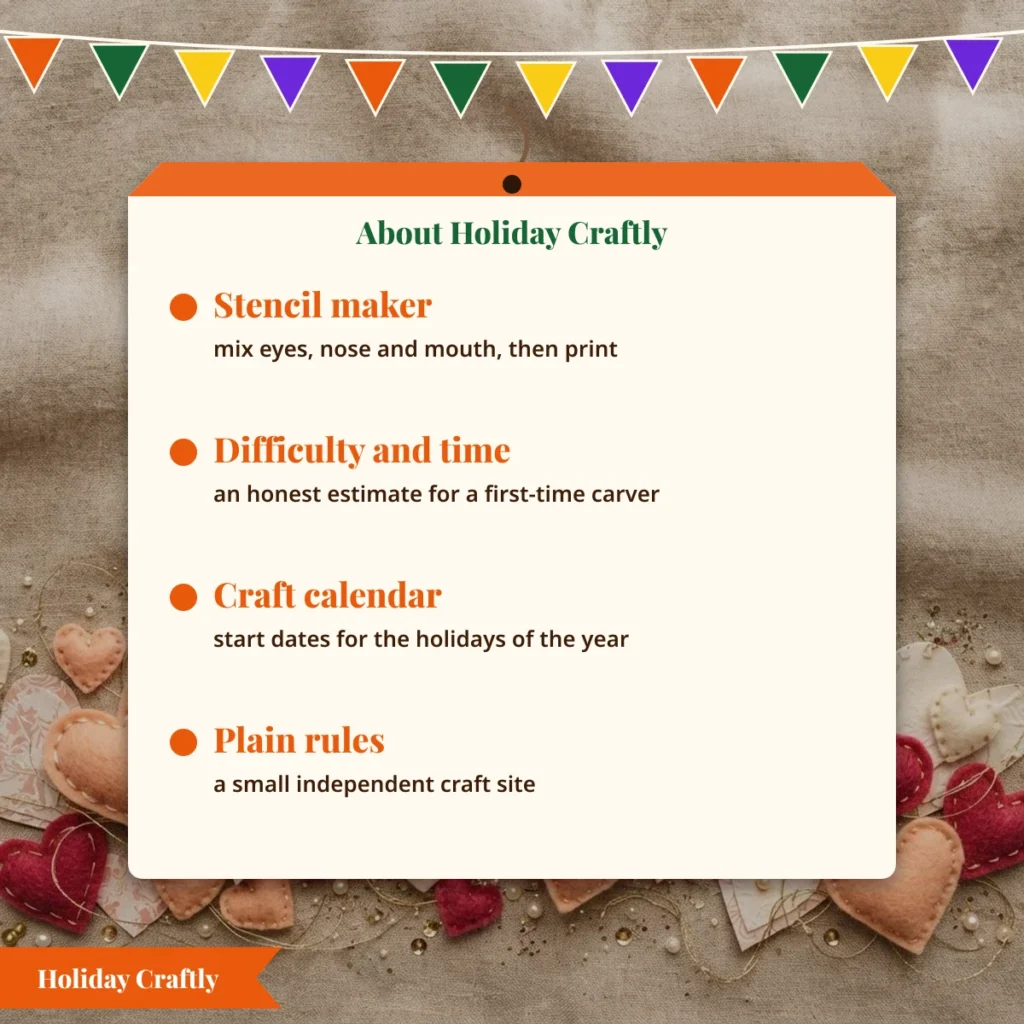 About Holiday Craftly: a pumpkin stencil maker, difficulty and time estimates, a craft calendar and plain rules
