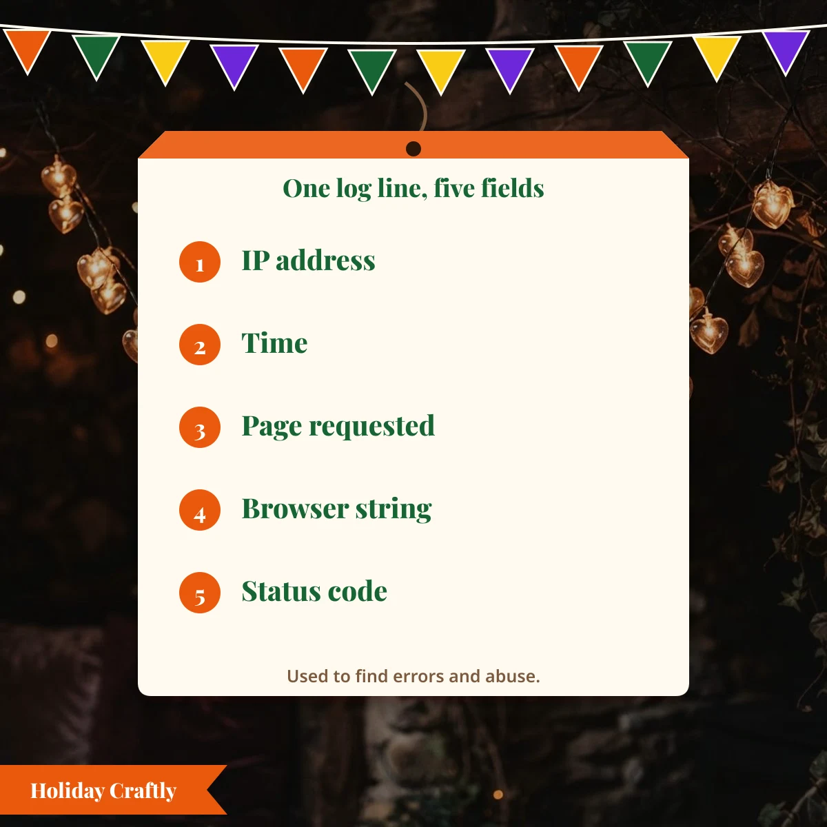 The five fields in a server log line: IP address, time, page requested, browser string and status code