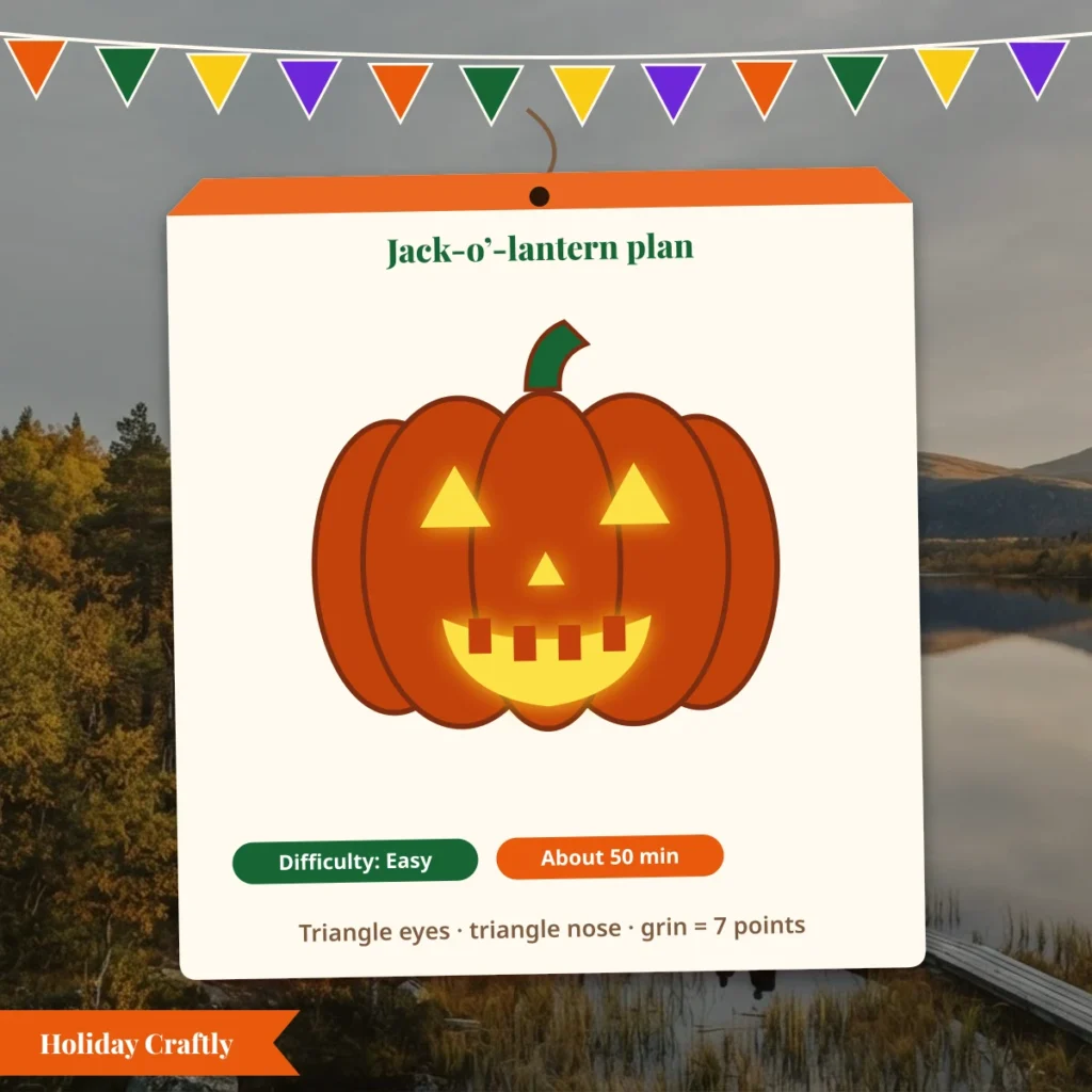 Jack-o'-lantern plan with triangle eyes, a triangle nose and a grin: 7 points, Easy difficulty and about 50 minutes