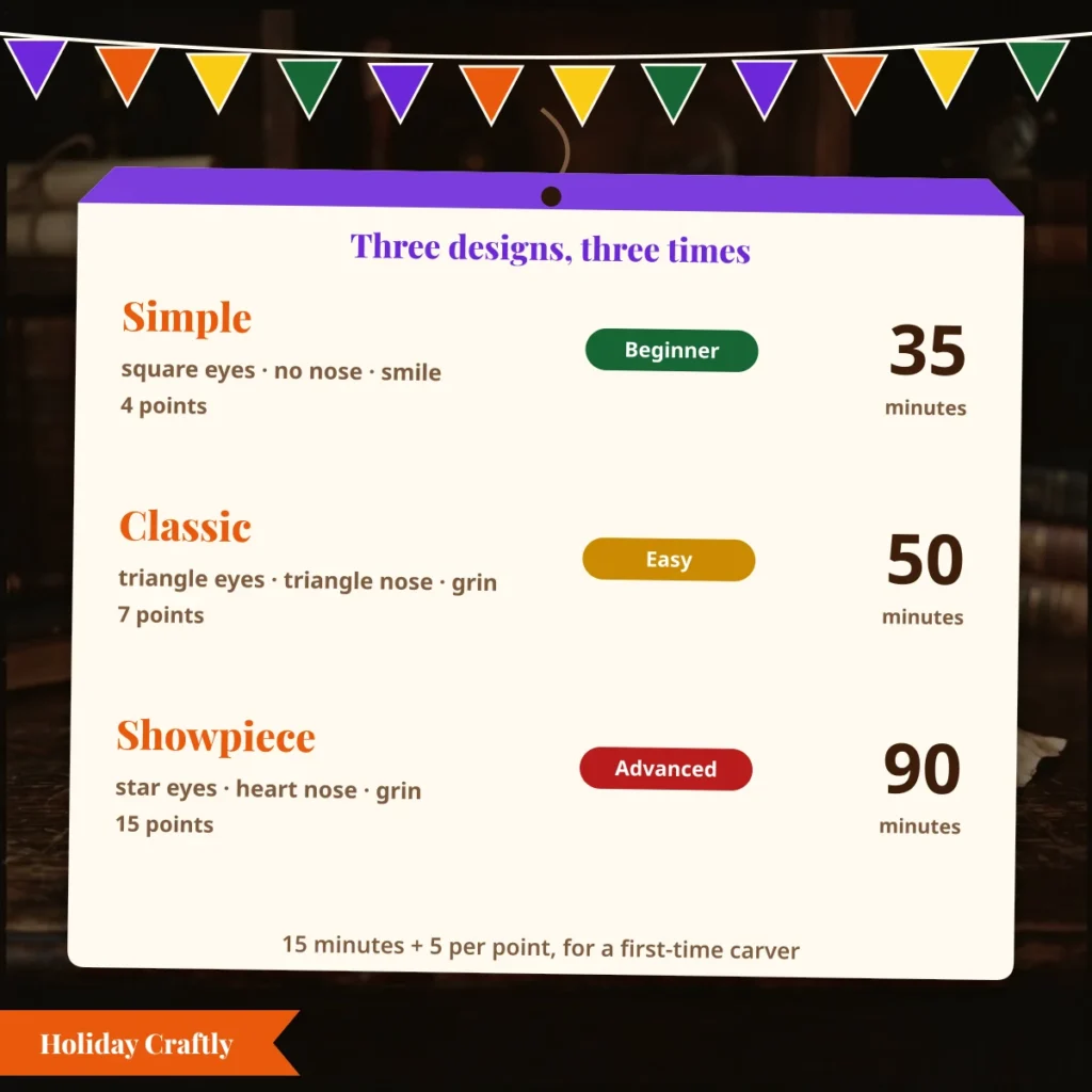 Three pumpkin designs and their time estimates: simple 35 minutes, classic 50 minutes and showpiece 90 minutes